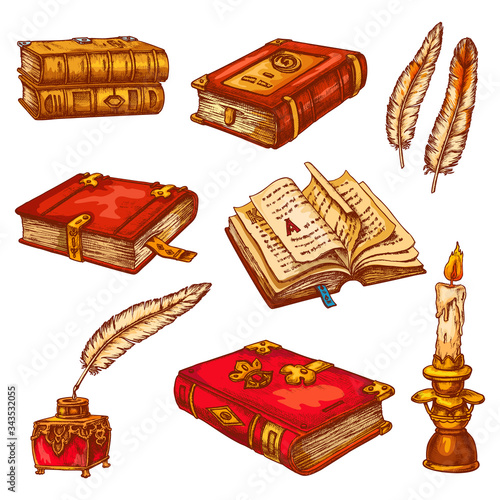 Ancient old books, poetry literature vector sketch