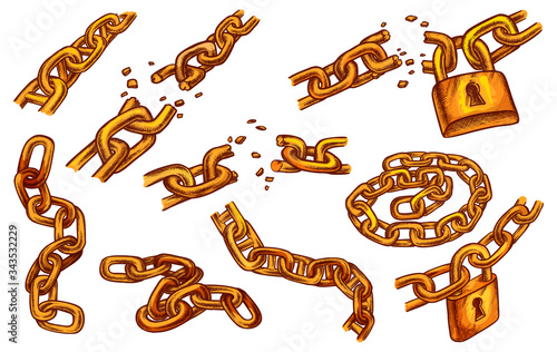 Broken chain and locks, cracked chain links sketch