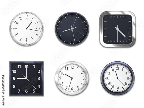 Realistic clocks, wall clock modern clockface, vector