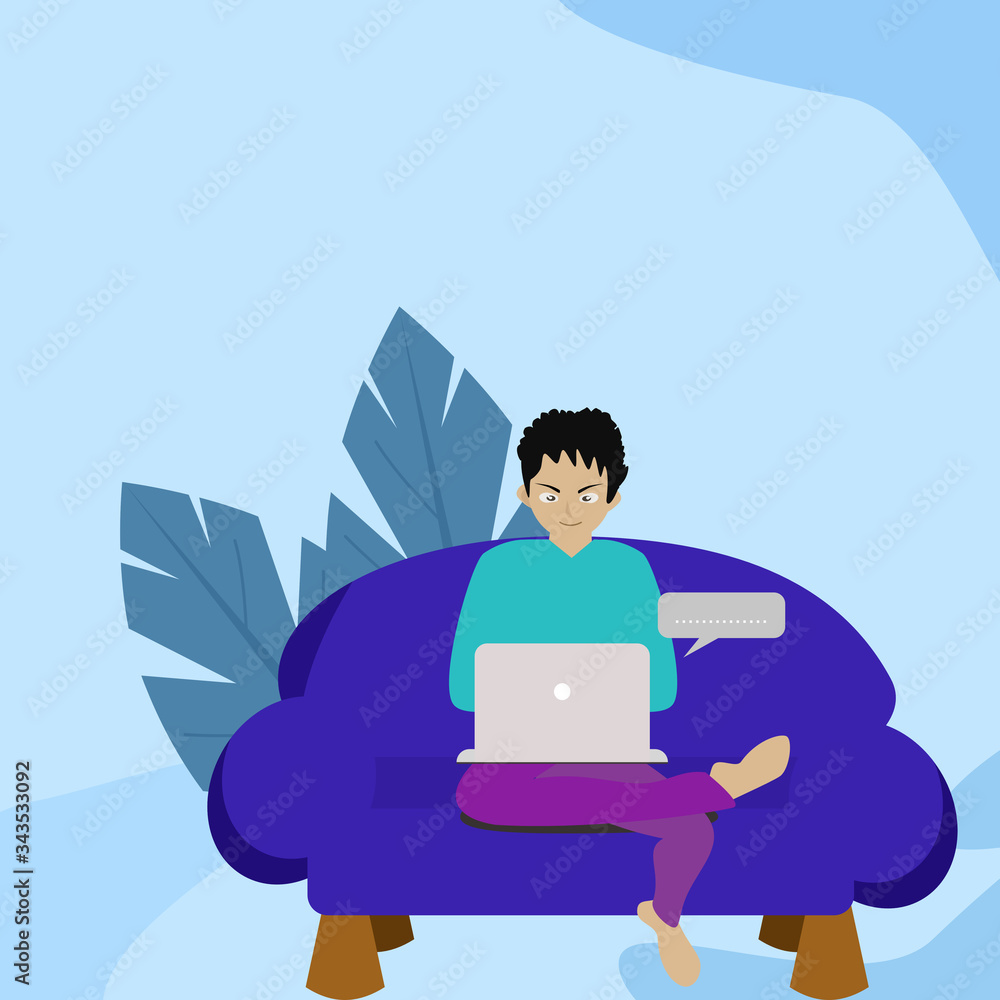man with​ labtop on​ sofa, work​ from​ home,in period of self isolation and social distancing .Corona virus Respiratory disease.during coronavirus epidemic.vector illustration.
