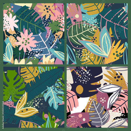Set of contemporary exotic leaves seamless pattern in collage style. Creative tropical leaf wallpaper collection.