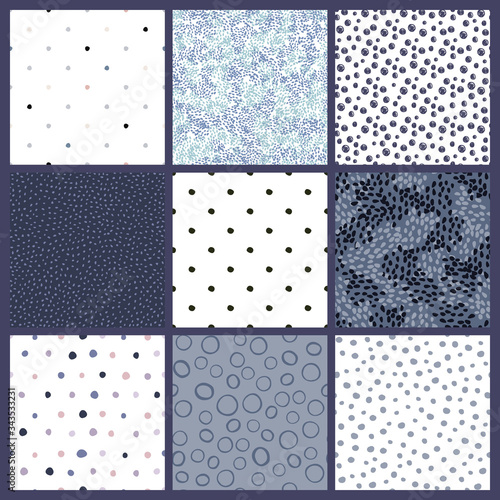 Set of polka dot seamless pattern. Abstract funny dots endless wallpaper collection.