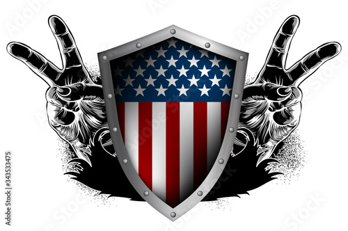 Shield with the decor of the American flag and two hands on the sides with a victory gesture.