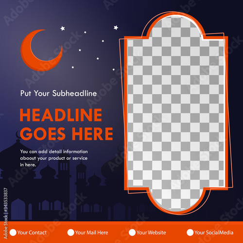 Ramadan greeting card designs with cartoon characters Ramadan Kareem for product promotion on social media.