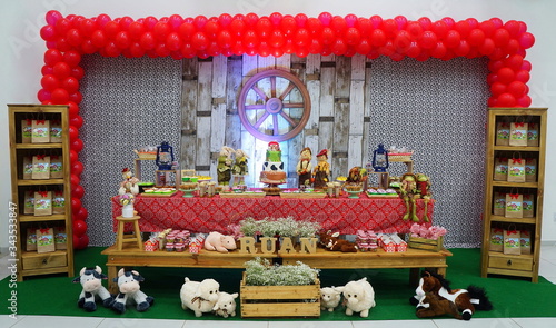 Child's birthday. Farm theme. Cake table with sweets and decoration