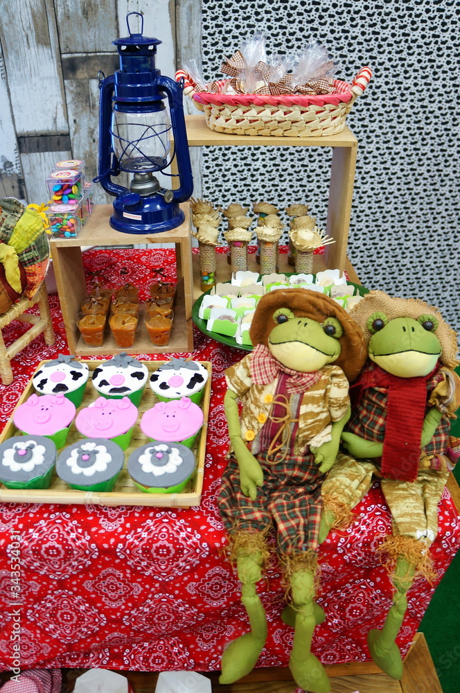Naklejka premium Child's birthday. Farm theme. Decoration and sweets