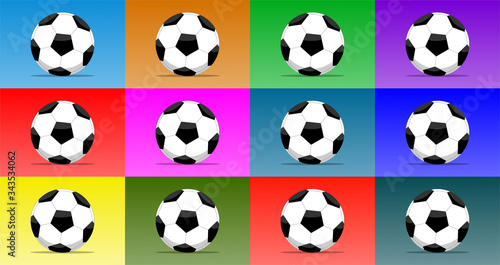 Set of 12 soccer balls isolated on multiple color backgrounds. Vector illustration