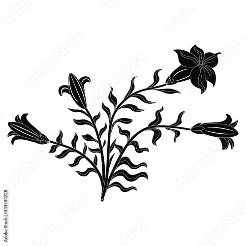 Isolated vector illustration. Floral motif. Bouquet of white lilies. Datura plant bush. Black and white silhouette.