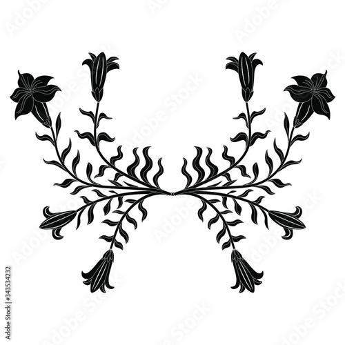Isolated vector illustration. Symmetrical floral decor with branches of lily or datura flowers. Black and white silhouette.