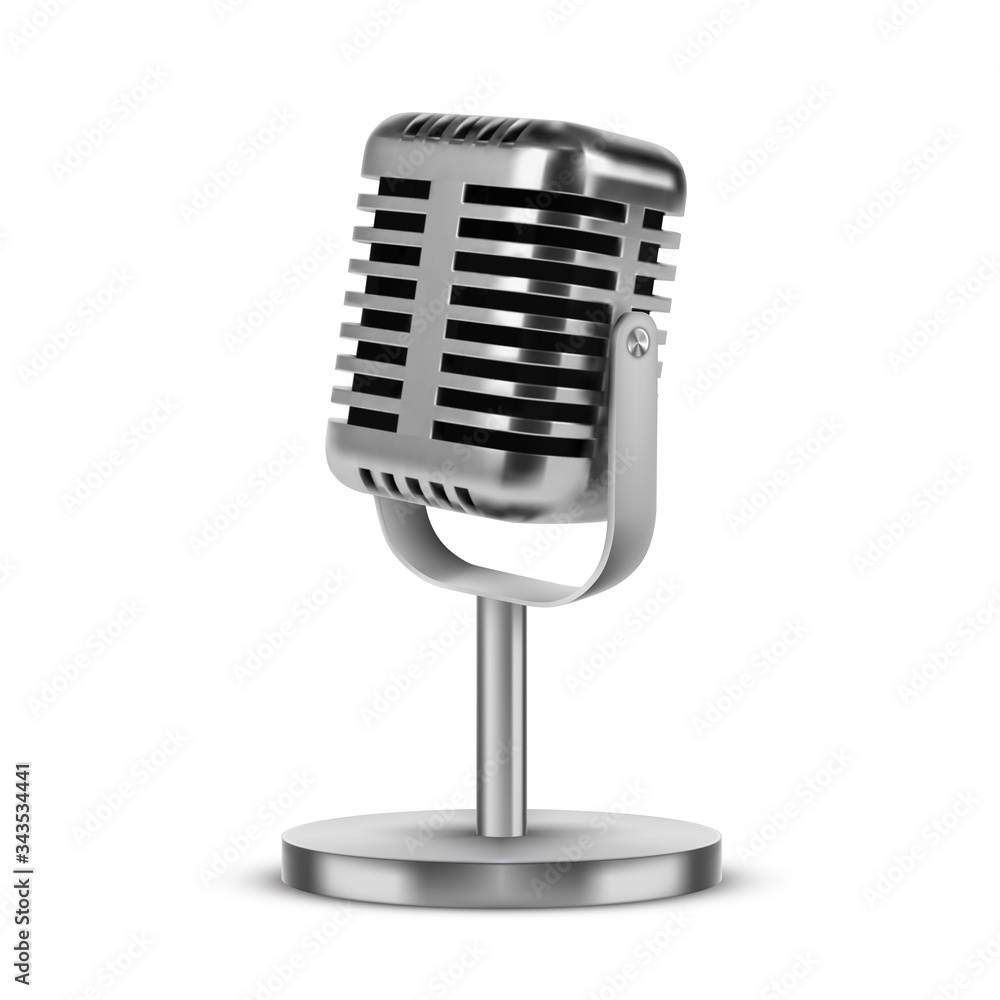 Realistic 3D silver metal retro microphone on leg Realistic 3D silver metal retro microphone on leg
