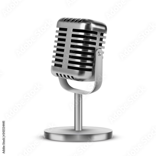 Realistic 3D silver metal retro microphone on leg