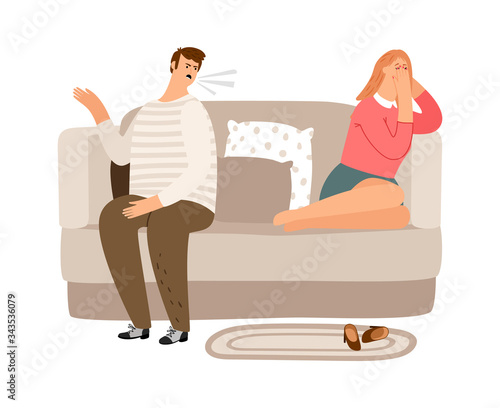 Displeased man. Tired woman on the couch. Family quarrel, verbal and psychological abuse vector illustration