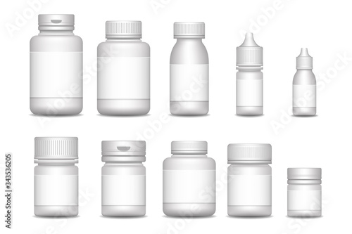 Empty pill containers. Medical Sprays. packaging for drugs: painkillers, antibiotics, vitamins and aspirin tablets.