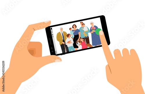 Family selfie. Parents, grandparents children and pets photo. Save memories vector illustration