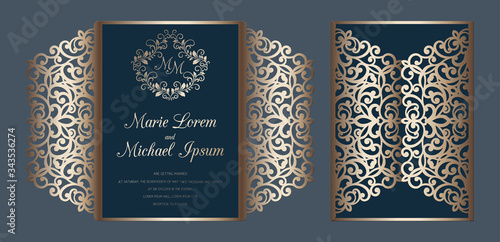 Laser cut wedding invitation gate fold card template vector. Paper cutting card with lace pattern.