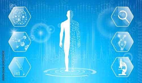 abstract background technology concept in blue light,brain and human body heal ,technology modern medical science in future and global international medical with tests analysis clone DNA human
