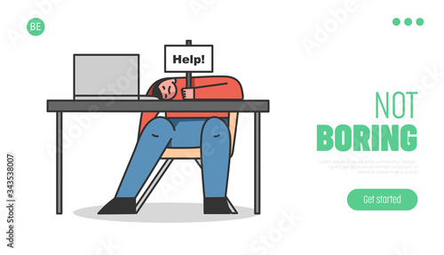Burnout Syndrome, Hard Working. Website Landing Page. Exhausted Tired Man Sleeping At Workplace. Character Holds Plate With The Sign Help. Web Page Cartoon Linear Outline Flat Vector Illustration