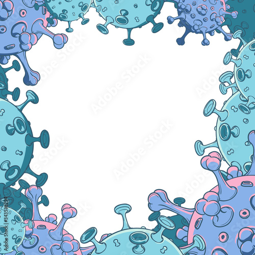 SARS-CoV-2 virion schematic representation. Temlate for card, blank or brochure cover. Painted sketch isolated on white background. EPS10 vector illustration