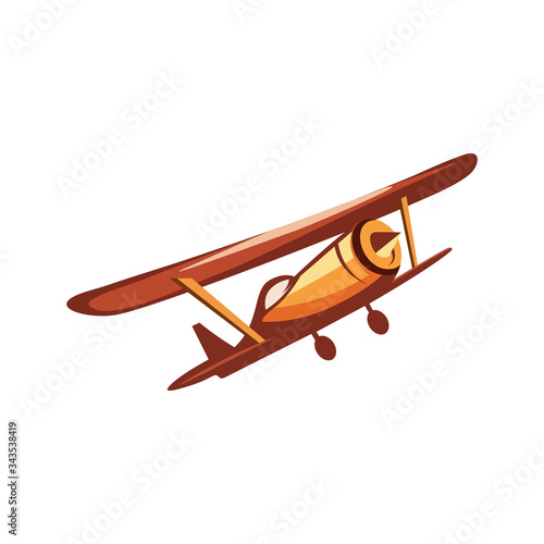 illustration of biplane is old model aircraft propeller with two wings. Aircrafts in the sky vector cartoon design.