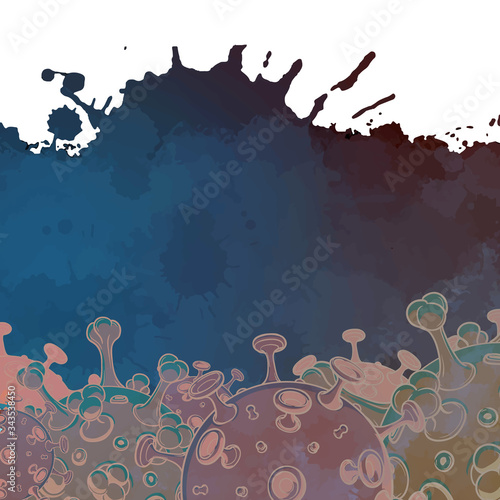 SARS-CoV-2 virion schematic representation. Temlate for card, blank or brochure cover. Colored sketch isolated on watercolor textured background. EPS10 vector illustration