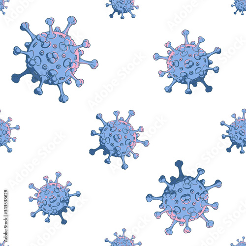 SARS-CoV-2 virion schematic representation. Seamless pattern with irregular and asymmetric elements distribution. White background. EPS10 vector illustration