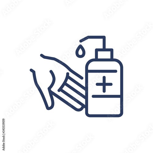 Disinfection of hands thin line icon. Sanitizer, antiseptic, cleaning isolated outline sign. Healthcare and virology concept. Vector illustration symbol element for web design and apps