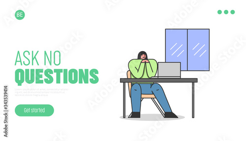 Emotional Burnout Syndrome. Website Landing Page. Dissatisfied Woman Sitting In The Office. Overwhelmed Hard Work Leading To Burnout. Web Page Cartoon Linear Outline Flat Style. Vector Illustration