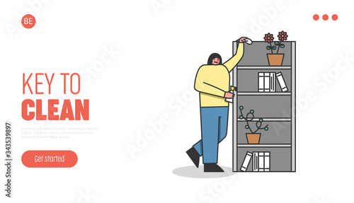 Concept Of Cleaning Service. Website Landing Page. Women Dusting Cabinet. Character Doing Wet Cleaning Use Cleaning Agent And Napkin. Web Page Cartoon Linear Outline Flat Style Vector Illustration