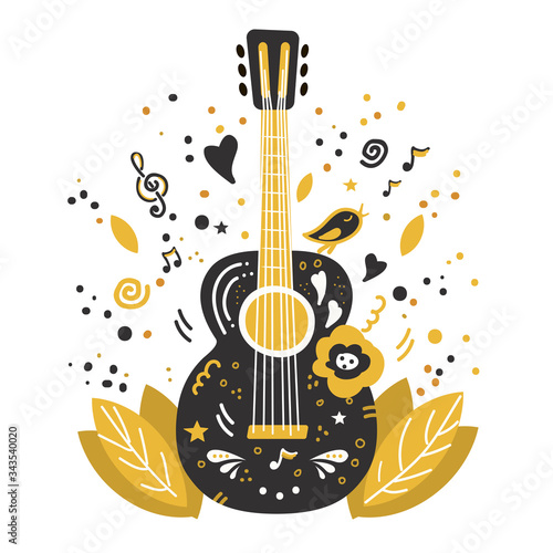 Illustration with acoustic guitar and hand lettering. Guitar concert flyer template. Flat hand drawn vector illustration.