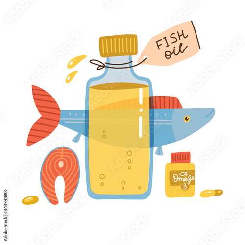 Fish oil items. Nutrition Omega 3 fatty acid salmon fish natural source. Trendyflat design illustration on healthy seafood, fish oil in bottle and softgel pills. Flat vector illustration