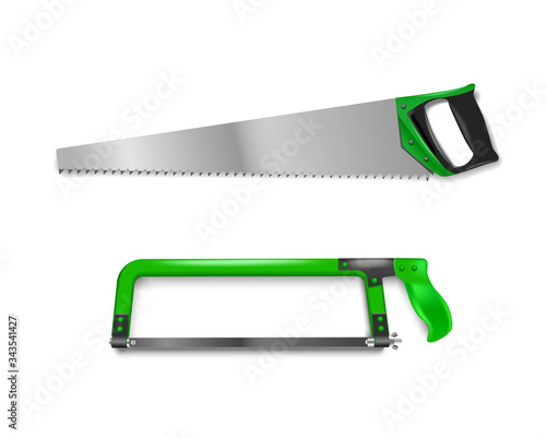 Vector illustration two hand saws with green handle. Hand saw for cutting metal and tree
