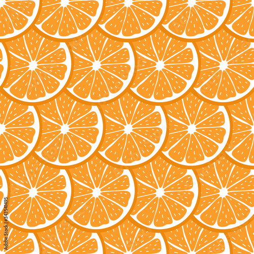 Seamless pattern with sliced pieces of orange. Colorful background tropical fruits. Flat vector illustration. Ideas for modern designs of backgrounds, greeting cards, print, packaging, textile, etc.