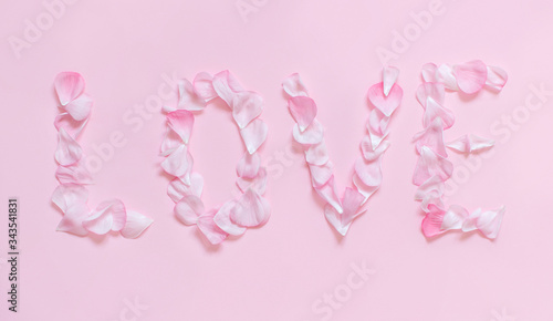 Text LOVE made of pink petals on a light pink background