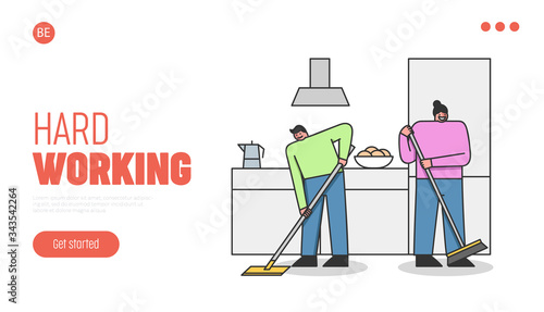 Concept Of Cleaning Service. Website Landing Page. Man And Women Sweeping The Floor On The Kitchen. Characters Doing Wet Cleaning In Room. Web Page Cartoon Linear Outline Flat Vector Illustration