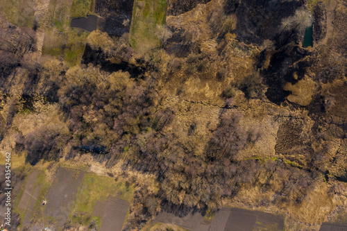 Aerial view of forest river running through swampland.