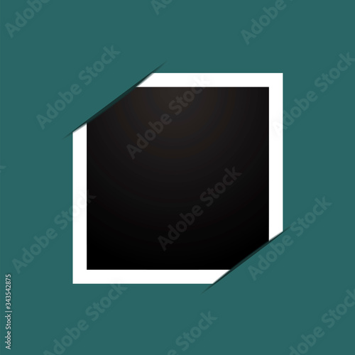 White frame with black middle on a green background. Black photo without image with a white frame with tucked corners. Unique white frame around a black square. Vector illustration. Stock Photo.