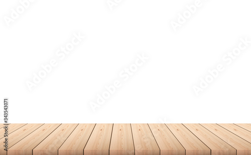 Empty wood plank table top isolated on white background.