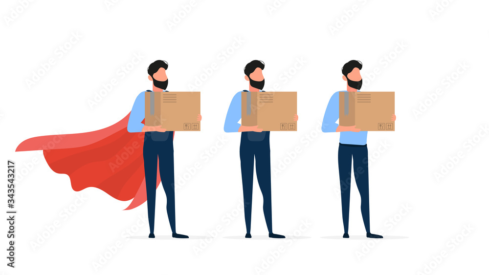 Obraz premium Set of loaders. A loader in overalls holds a box. The guy with the box in his hands. Isolated on a white background. Vector.
