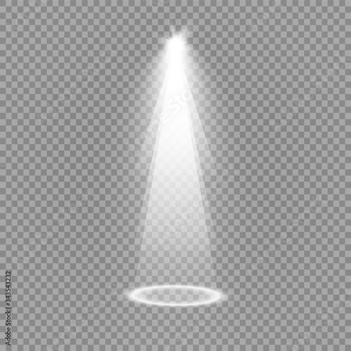 Light sources, concert lighting, spotlights. Concert spotlight with beam, illuminated spotlights for web design illustration.
