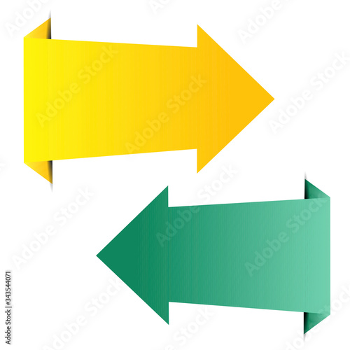 Two wide arrows, yellow and green colors swirl in different directions on a white background. Unique colored arrows showing direction. Vector illustration. Stock Photo.