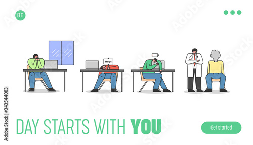 Concept Of Emotionally Drained And Burnout Syndrome. Website Landing Page. Exhausted Tired People Sitting At Workplaces In The Office. Web Page Cartoon Linear Outline Flat Style. Vector Illustration