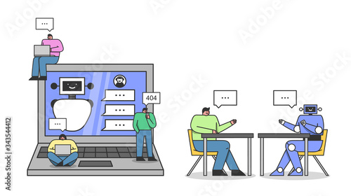 Artificial intelligence Concept. People Programming Conversation Scenario With Chatbot And Testing It On Robot. Knowledge Expertise Intelligence Learn. Cartoon Linear Outline Flat Vector Illustration