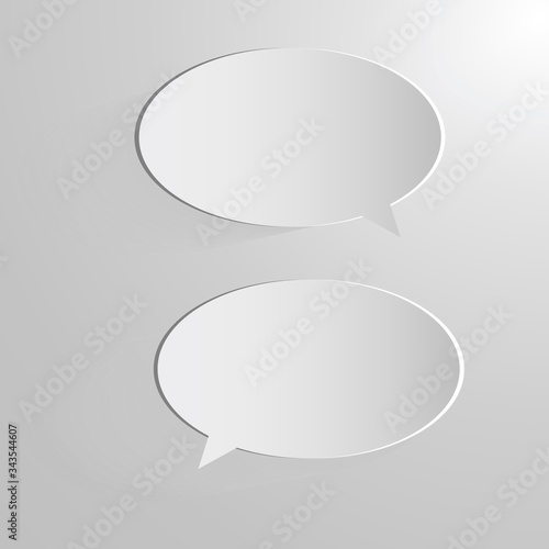 Two Volume top white message icons, bubble chat, bubble dialogue, bubble communication. Unique, voluminous bubble with glitter and shadow on a white background. Vector illustration. Stock Photo.