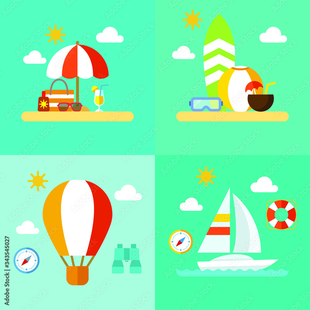 Set of summer travel and recreation icons. Flat design. Vector illustration