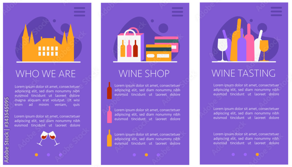 user interface for mobile phones for wine industry - wine shop, company profile and wine tasting with icons, logos and menu - flat vector illustration