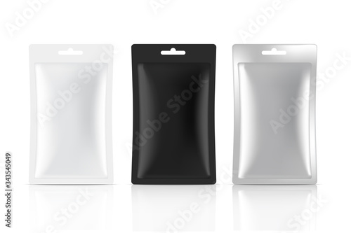 3D Mock up Matte sachet bag isolated on white background. Vector illustration. Food, beverage, Healthcare and Medical merchandise Packaging concept design.