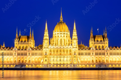 Night view of the illuminated building of the hungarian parliament in Budapest, Hungary.