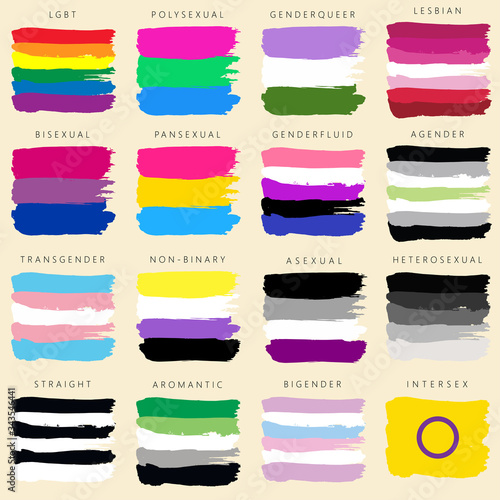 Sexual identity pride flags set, LGBT symbols. Flag gender sexe gay, transgender, bisexual, asexal and others. Vector illustration. Beautiful brush strokes. Abstract concept. Painted texture.