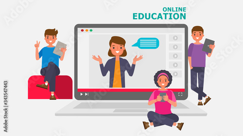 Cartoon character Boy and girl student Online education concepts.Distance Learning Information Technology vector illustration Education online Learn at home With the epidemic situation Content.