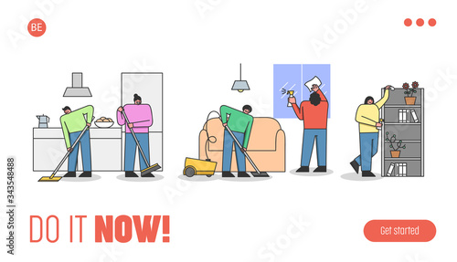 Cleaning Service Concept. Website Landing Page. Men And Women Vacuuming, Sweeping Floor, Dusting. Characters Doing Wet Cleaning In The Room. Web Page Cartoon Linear Outline Flat Vector Illustration